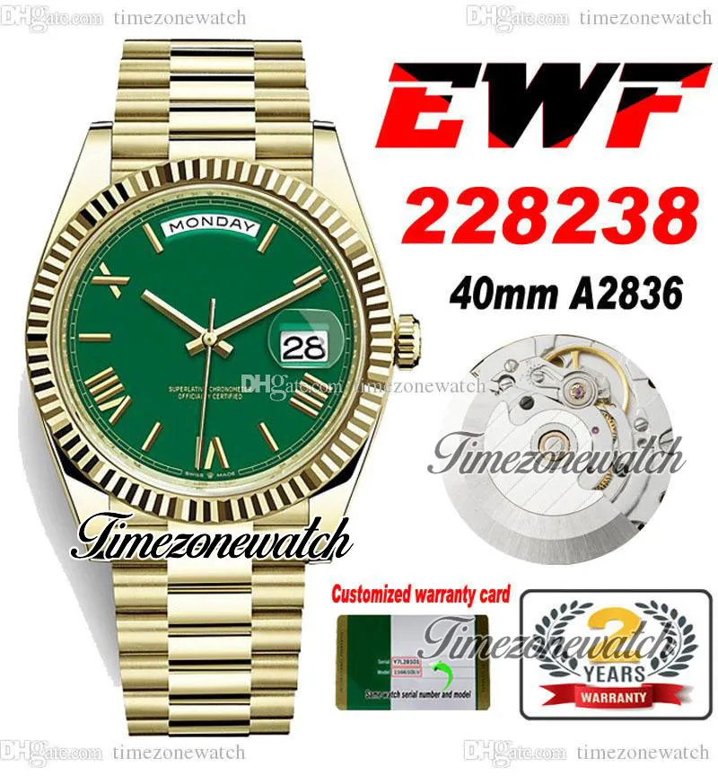 EWF DayDate 40 228238 ETA A2836 Automatik-Herrenuhr, Gelbgold, geriffelte Lünette, grüne römische Markierungen, Edelstahl-Präsidentenarmband, Zeitzonenuhr i9