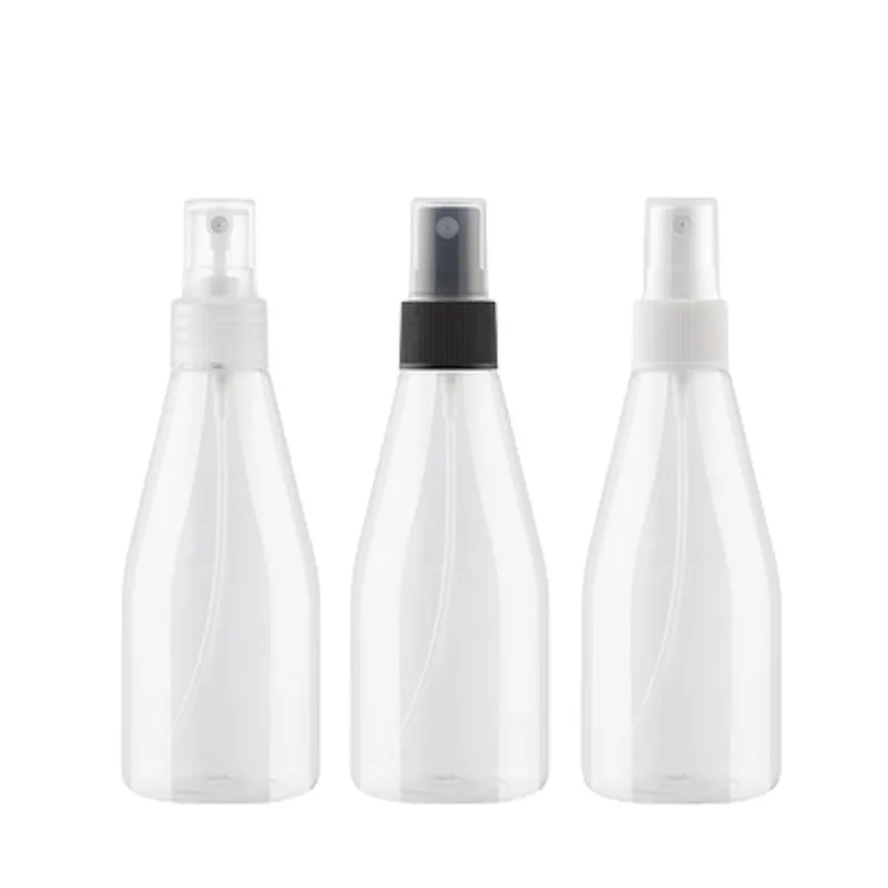 Pusta plastikowa butelka butelka stożkowa PET Clear Black White Spary Press pompa z przezroczystą pokryciem przenośnym pojemnik na opakowanie kosmetyczne 200 ml