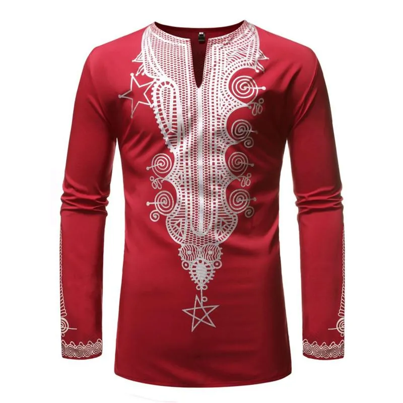 Roupas étnicas Red V Neck Africano Dashiki Imprimir Dress Camisa Homens Roupas de Manga Longa Camisa Masculina Streetwear Casual