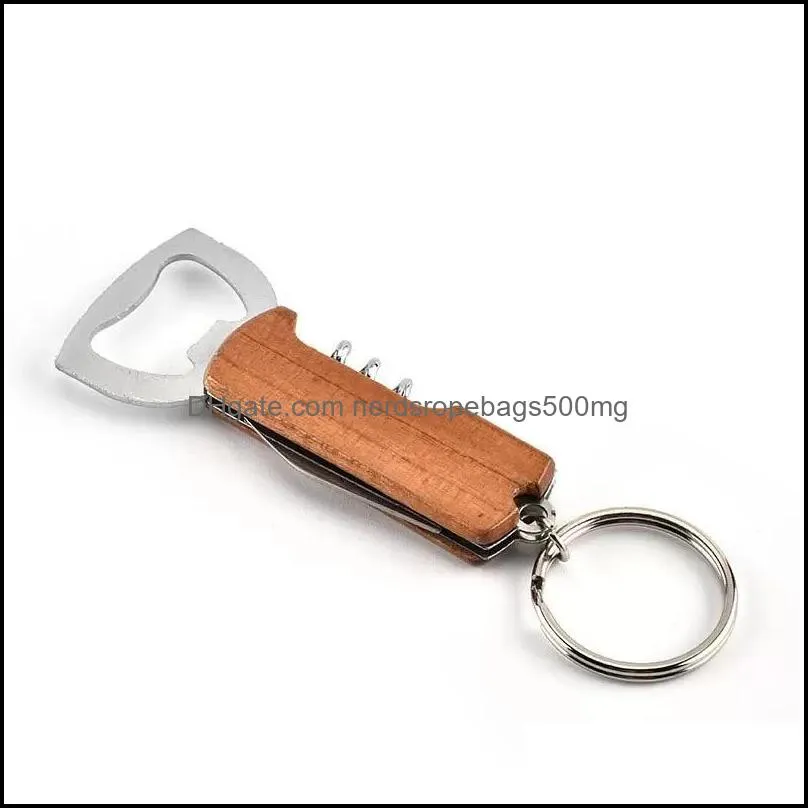 Creative 3 in 1 Keychain Beer Bottle Opener Stainless Steel Multifunctional Wood Handle Screw Corkscrew Wine Kitchen Tool RRB14424