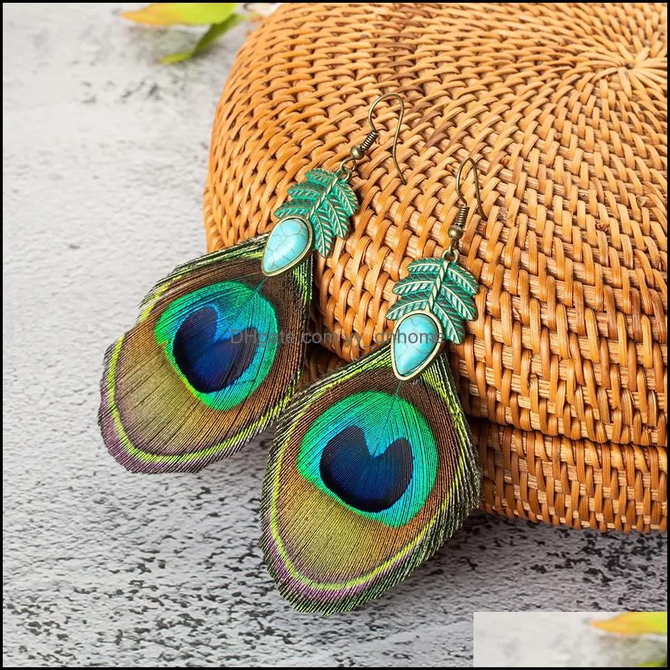 Ethnic Retro Leaves Green Leaf Dangle Earrings Nature Stone Long Tassel Peacock Feather Earring For Women Brincos