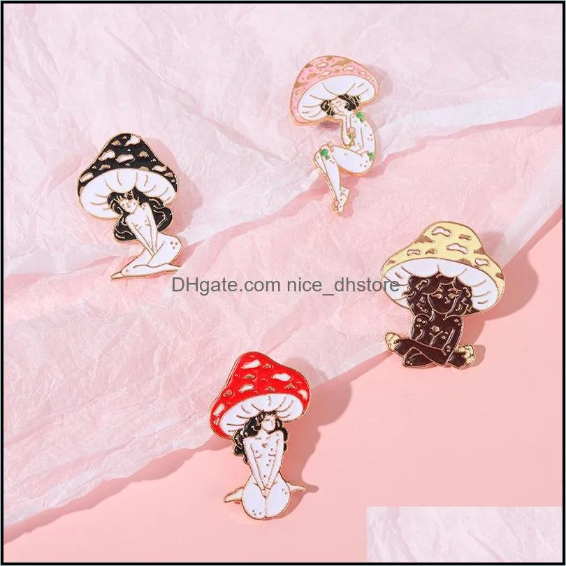 PinsBrooches Jewelry Mushroom Lady Enamel Pins Custom Girls And Plant Brooches Lapel Badges Cartoon Nature Art Gift For Frie Dhoof
