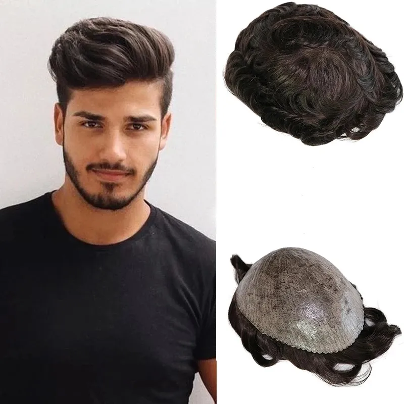 Jet Black Durable Thin Skin Dark Brown Mens Human Hair Toupee