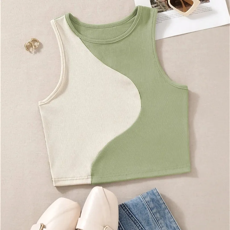 Cute Preppy Patchwork Ladies Knitted Tank Top For Women Sleeveless