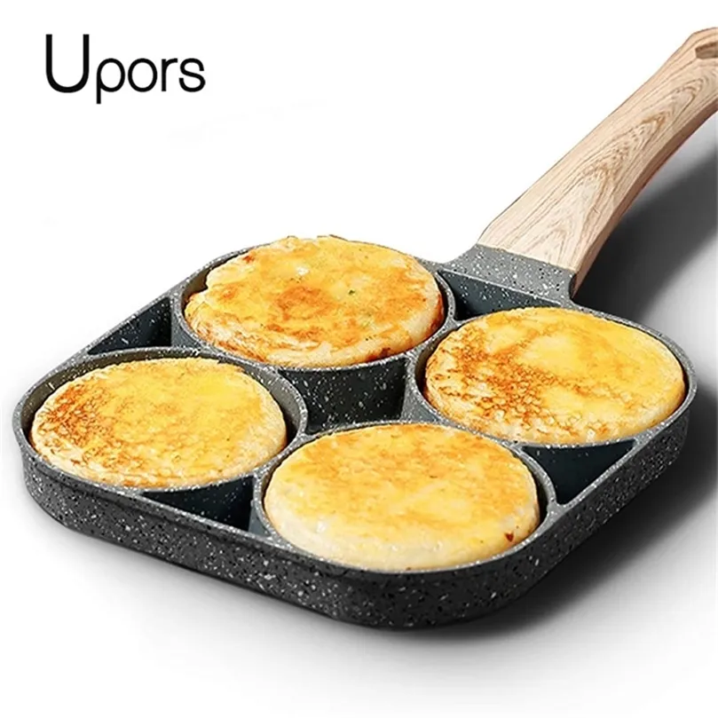 UPORS 4 Hole Frying Pan Non Stick Breakfast Burger Egg Pancake Maker Wooden Handle Stone Four Hole Omelet Pan 220423