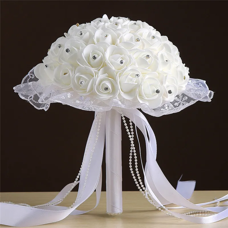 ウェディングフラワーピンクレッドクリスタルダイヤモンドブライダルブーケ高品質の人工花結婚式の花嫁介添人花束