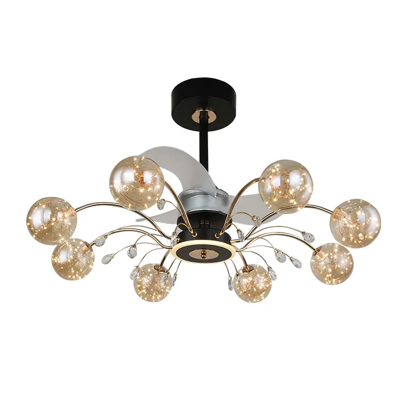 Modo Glass Takfläktar med LED -strängar Ljus 6 8 10 glödlampor Crystal Chandelier Fan för vardagsrum sovrum 110v 220v