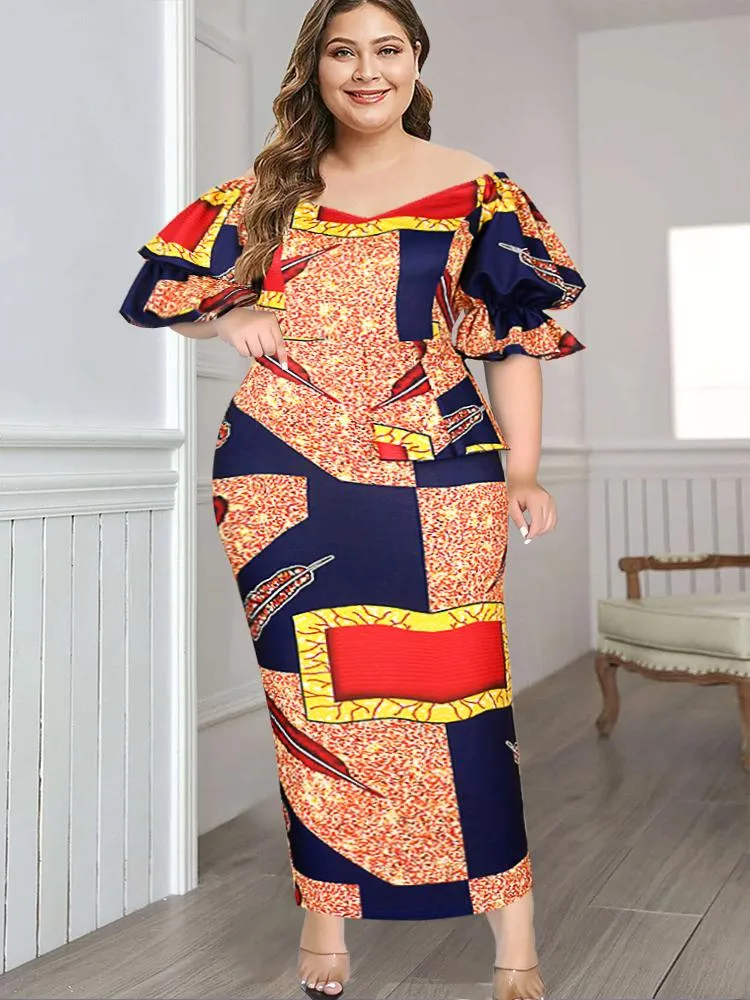 Plus Size Dresses Retro Print Dress Women Elegant Bodycon Puff Sleeves Bare Shoulder Color Block Party Evening Fashion Slim African Robe