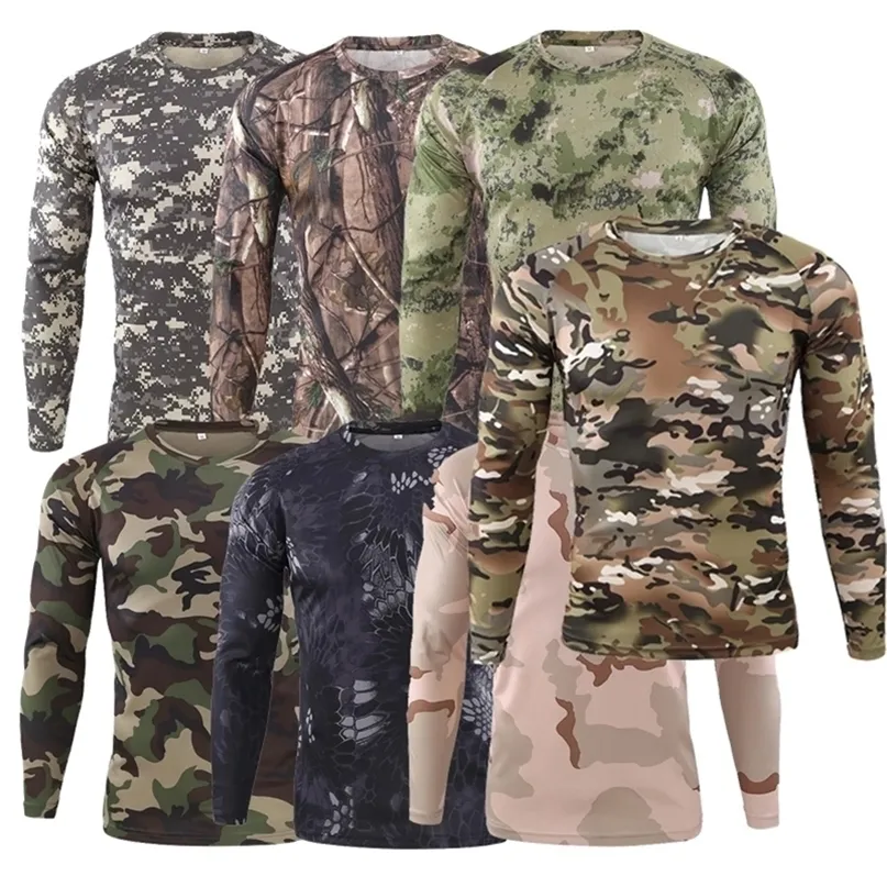 Erkek Taktik Hızlı Kuru T Gömlek Kamuflaj Camo Spor Nefes Uzun Kollu Açık Askeri ABD Ordusu Savaş T Shirt Tops 220408