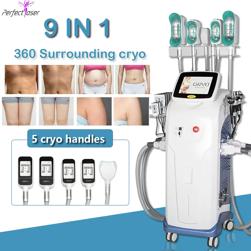 9 I 1 360 graders Cryolipolysis Freeze Fat Handle Freezing Slimming Machine Vakuumsystem Skönhetsutrustning