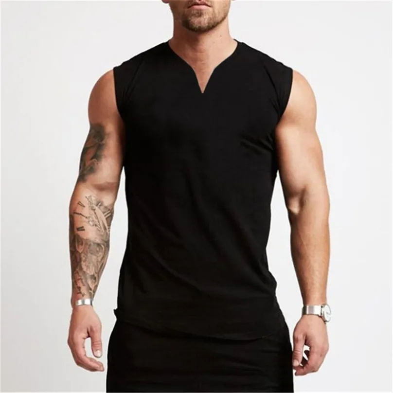 Gym Clothing v Neck Cotton Bodybuilding Tank Top Top Mens تمرين بلا أكمام قميص اللياقة البدنية للملابس الرياضية الجري العضلات المفردة 220615