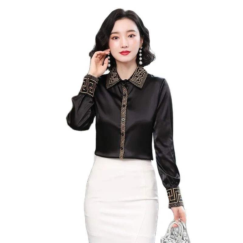 Vintage Embroidery Black Silk Long Sleeve Blouse: Office Vintage Embroidery Black Silk Long Sleeve Blouse: Office