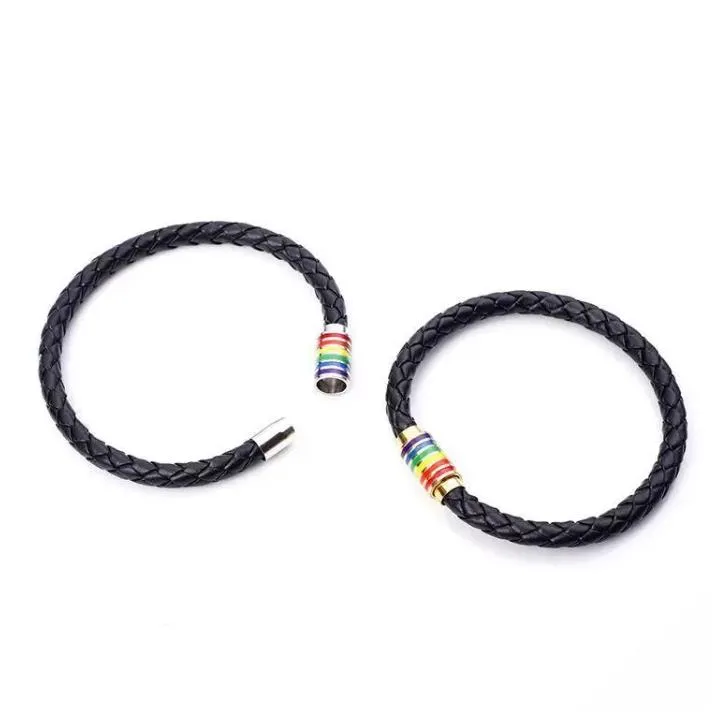 Véritable cuir arc-en-ciel LGBT signe charme Wrap bracelets pour femmes hommes Gay lesbienne acier inoxydable boucle magnétique bracelet