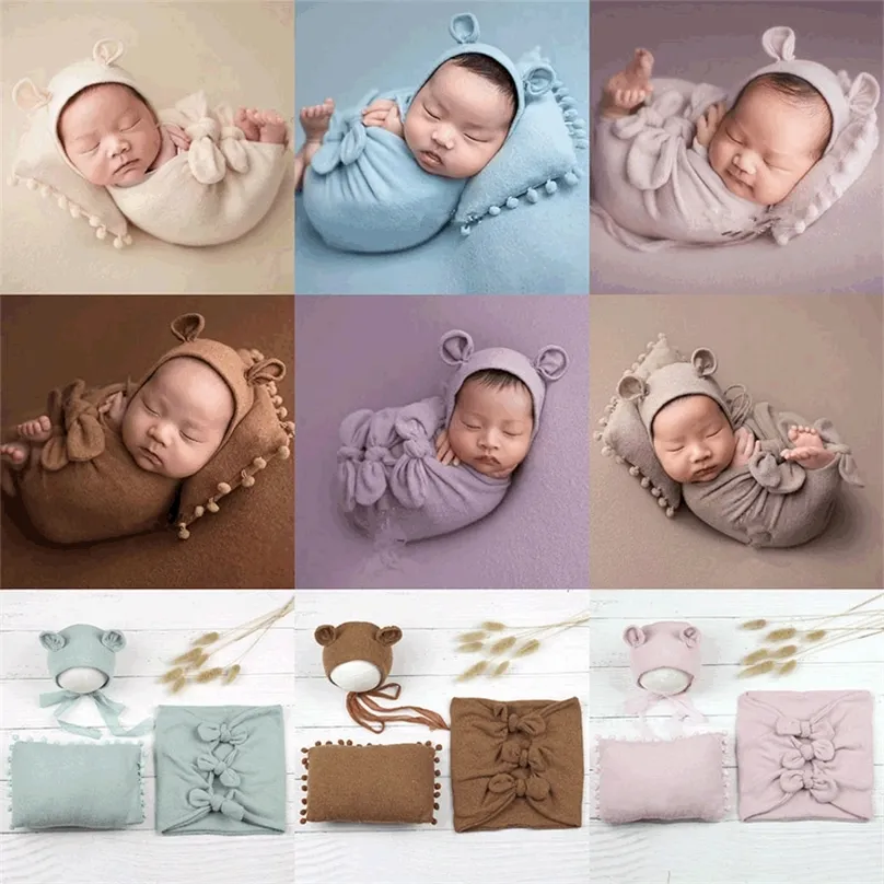 born Baby Pography Wraps 3pcs Set Bear Hat Pillow Po Costumes Studio Props Boys Girls Clothing Bows 220524