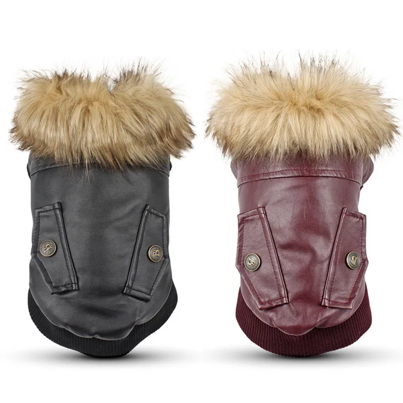 Autumn Winter Pet Dog Clothes Fur collar Leather Jacket Warm Fashion Pet Dog Coat 3 Color 5 Size For All Puppy Dogs Cats 201102