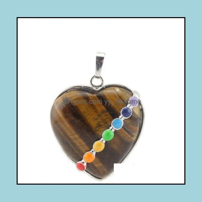 JLN Heart Seven Chakra Pendant Yoga Healing Semi Precious Stone Crystal Onyx Turquoise Necklace With 18 Inches Brass Chain