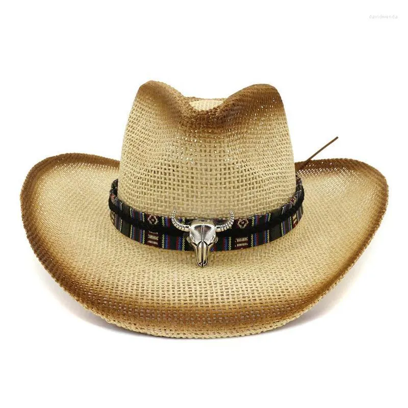 Beretten Brown Spray Paint Bull Head Decor Women Panama Style Hat Ribbon Bows Wide Brim Visor Caps Unisex Cowboy Straw Fedora Hatberets Davi22