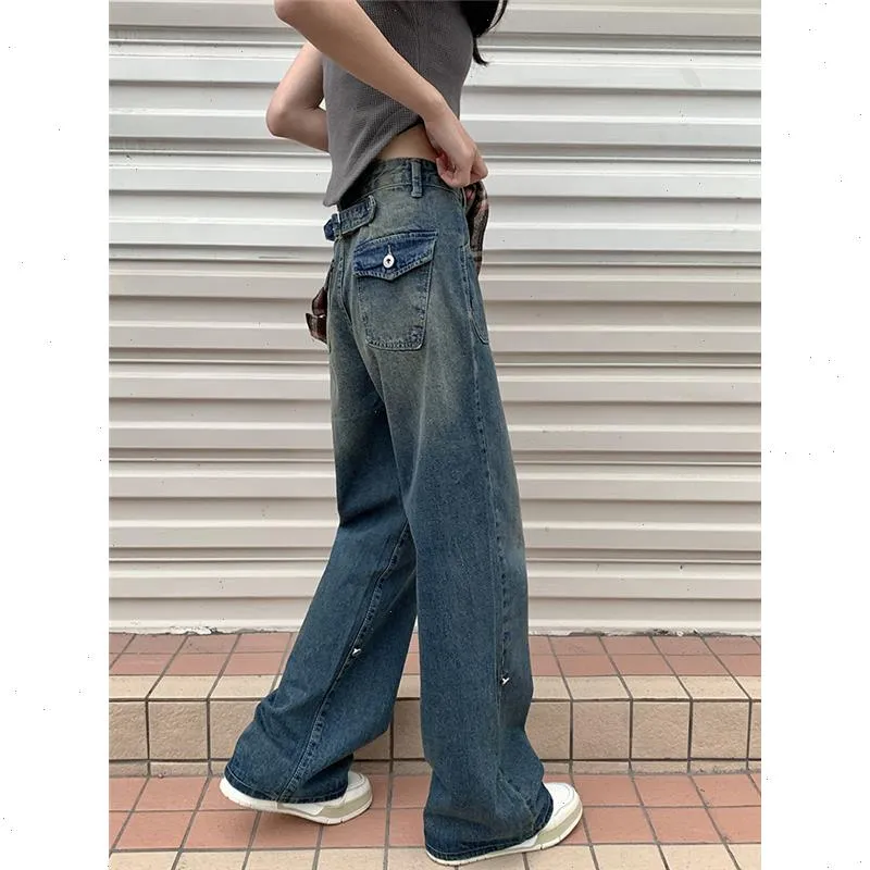 جينز زرقاء مستقيمة جينز عالية الخصر على الطراز الأمريكي الشارع سراويل عتيقة تصميم أنيقة التصميم عارضة السيدات الدنيم الساق واسعة الساق