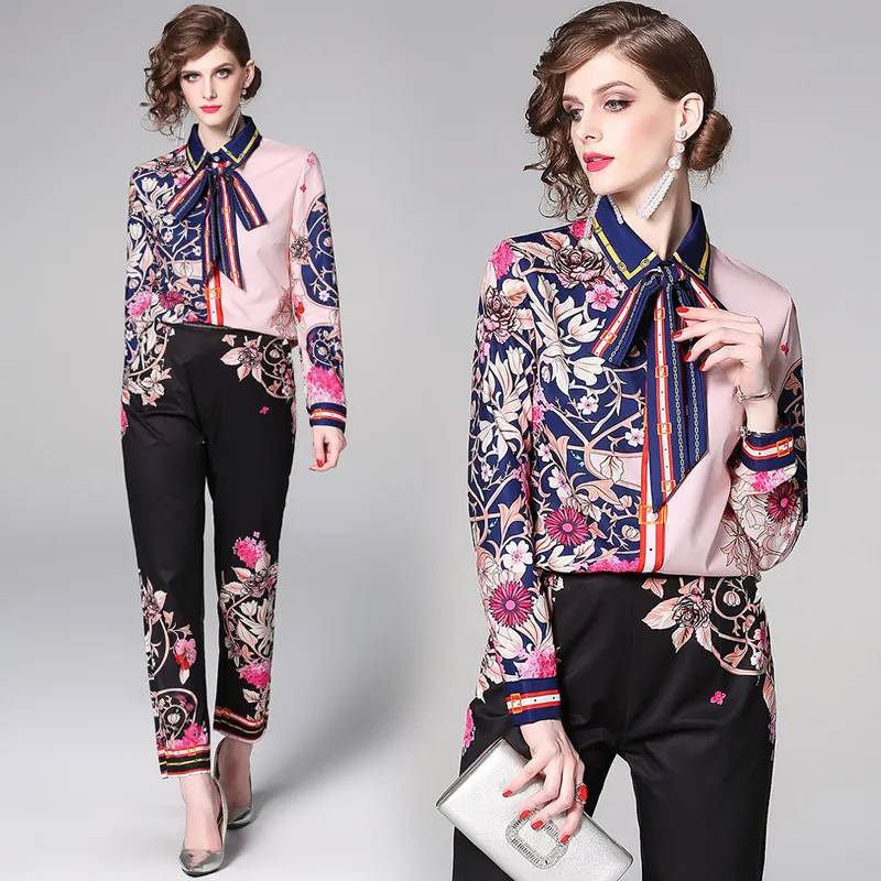 Dropship Spring Summer Fall Runway 2 Piece Womens Sets Retro Vintage Print Collar Long Sleeve Top Shirt Blouse Pant Suits Outfit 220613