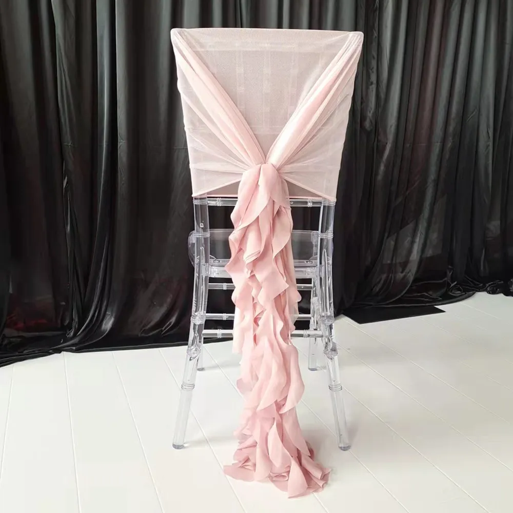 12pçs capuz de malha de lycra rosa blush e faixa de tampa de cadeira com babados de chiffon para decoração de festa de casamento