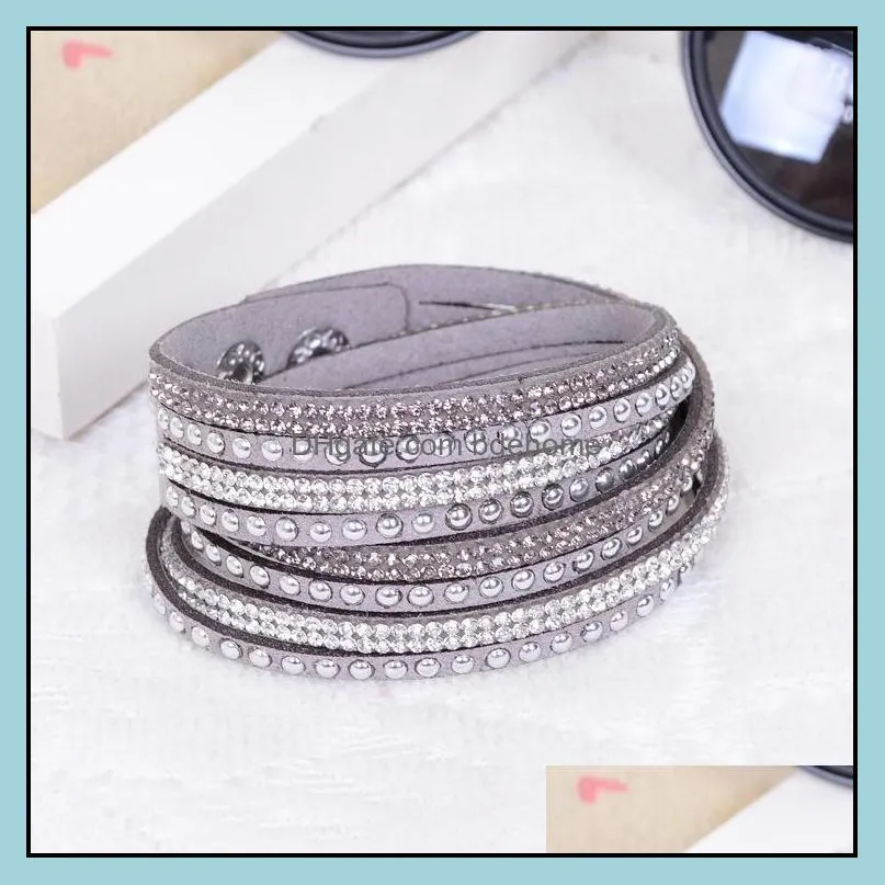 New Fashion Multilayer Wrap Bracelet Rhinestone Slake Deluxe Leather Charm Bangles with Sparkling Crystal Wristband Women Christmas