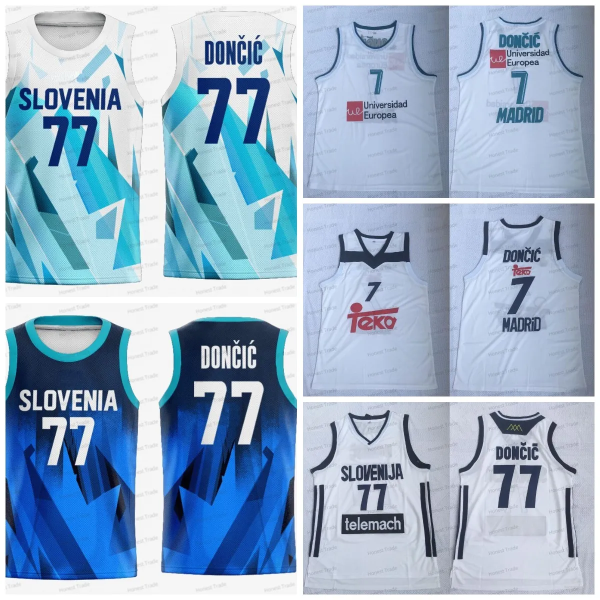 Blå Unicersidad Europea #7 Vit tröja Slovenien Luka Doncic #77 Baskettröjor Sydda skjortor S-XXL