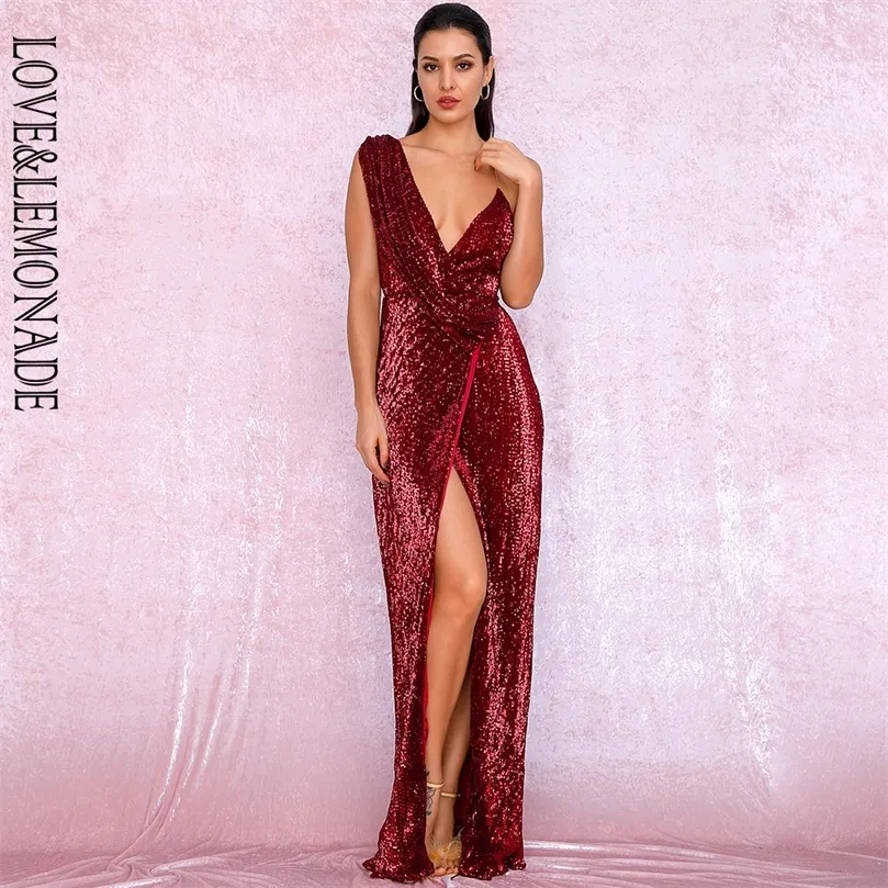 LOVELEMONADE Sexy rouge profond col en v profond avec paillettes fendues robe Maxi de soirée LM81849 220507