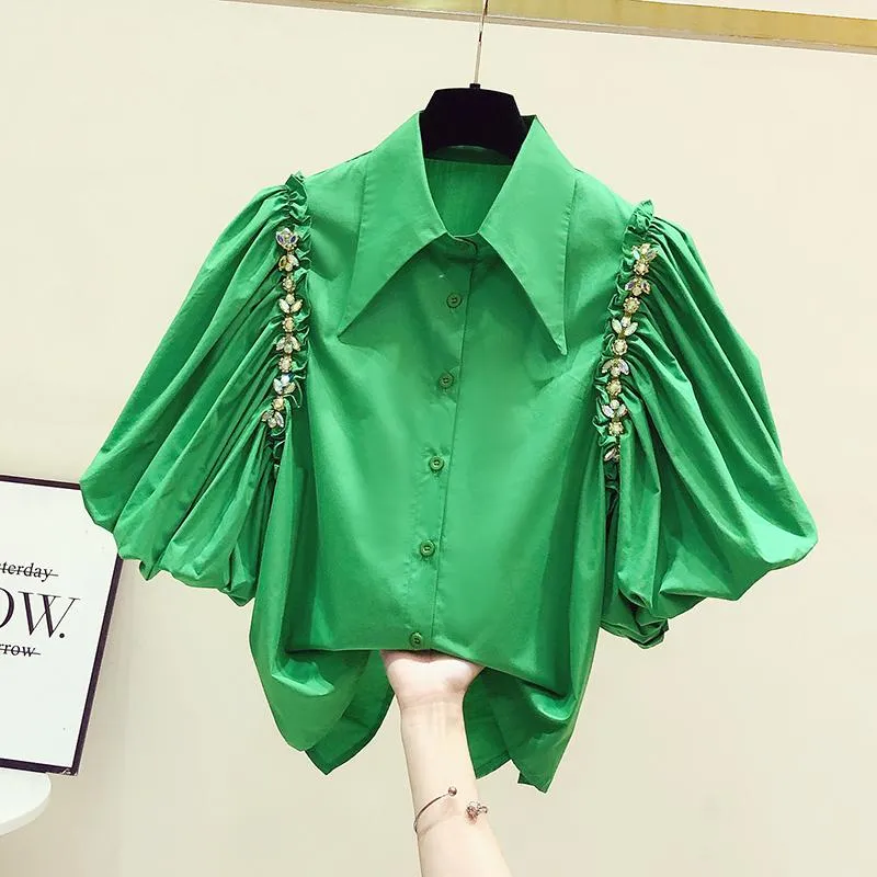 Blusas Femininas Camisas Moda Blusa Vintage Amassado Manga Bufante Verde Strass Irregular Camisa de Abotoamento Único Feminino Tops de VerãoMulheres