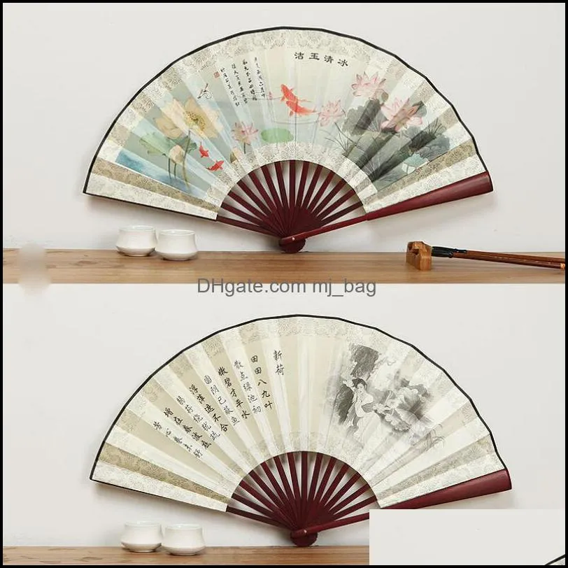 party favor landscape silk folding fan chinese style bamboo wood summer portable wedding gift 10 inch
