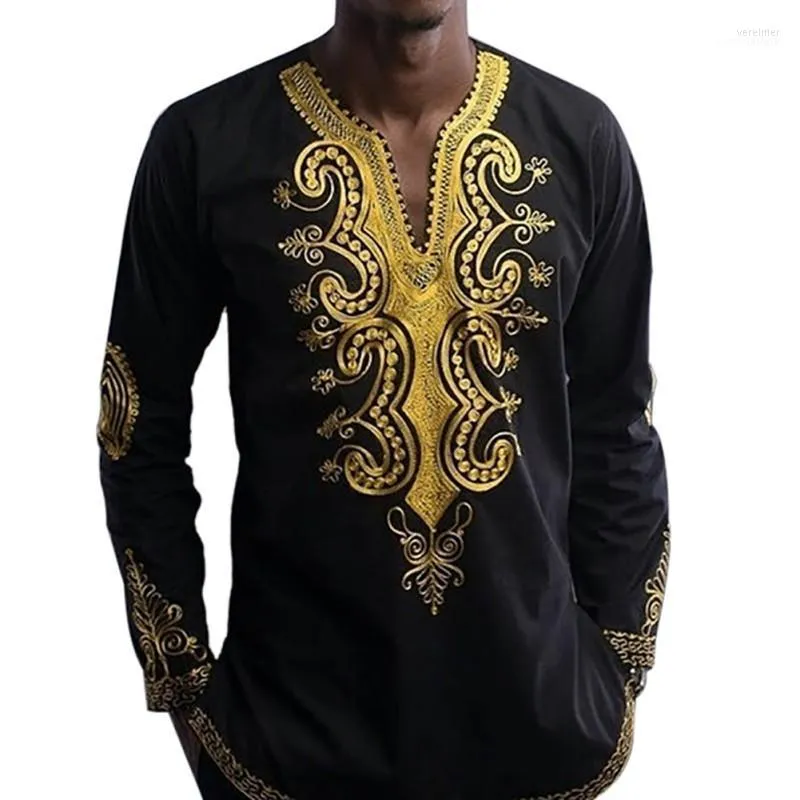 Мужчины черные рубашки одежда в африканском стиле традиционная этническая печать мужская рубашка с длинным рукавом Vere22