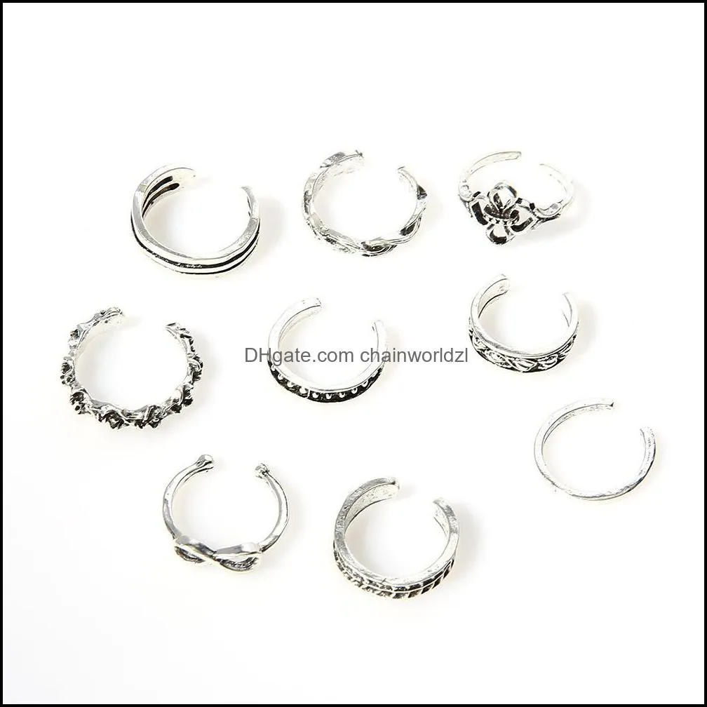 9PCS Tail Foot Finger Ring Gifts Adjustable Open Carved Toe Rings Set for Women Girl Summer Beach Vacation Kunuckle Jewelry