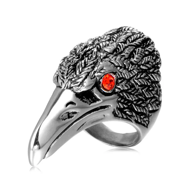 Högkvalitativ rostfritt stål Eagle Birds Head Emblems Ring Retro Antik Silver Black Red Ruby Stone Eye Punk Gothic Design Smycken för män