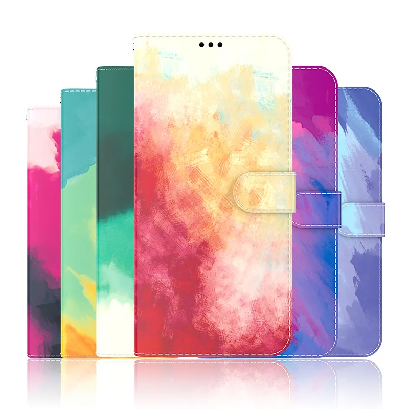 Capas de carteira de couro colorido de pintura para Samsung S22 mais A13 A23 A33 A53 A73 S21FE A22 A12 A52 A52 A72 Aquarela Aquarela Cor de Coro de Crédito Cartão Flip Capa