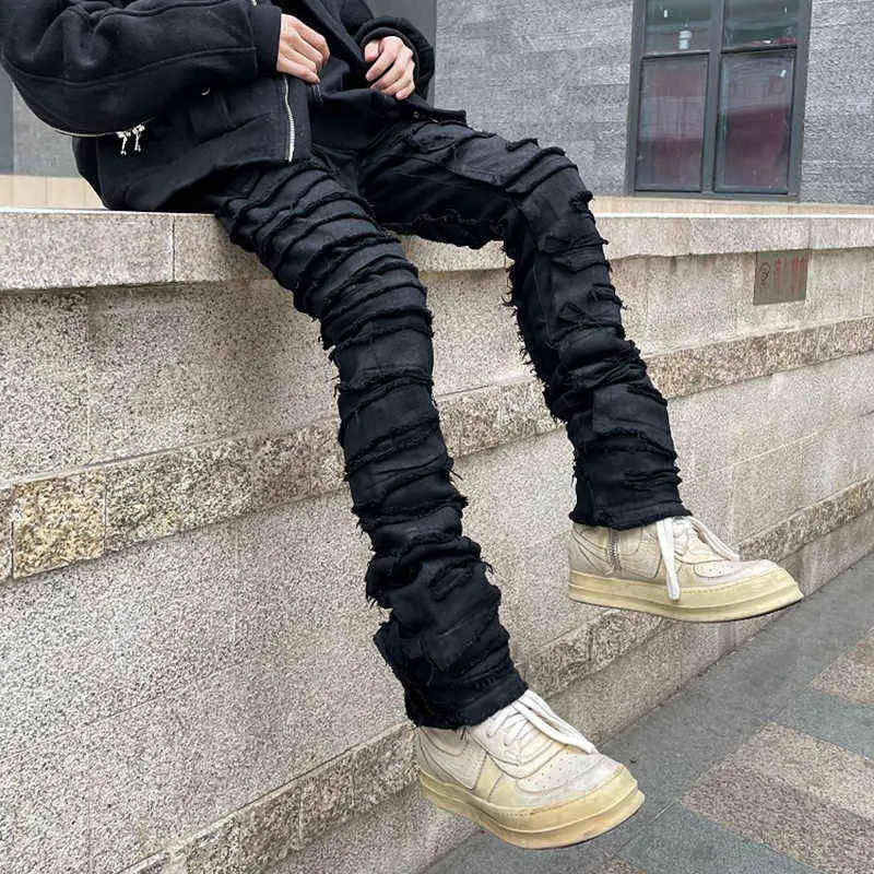 High Street Retro Black Stacked Jeans Mens With Frayed Destruction And ...