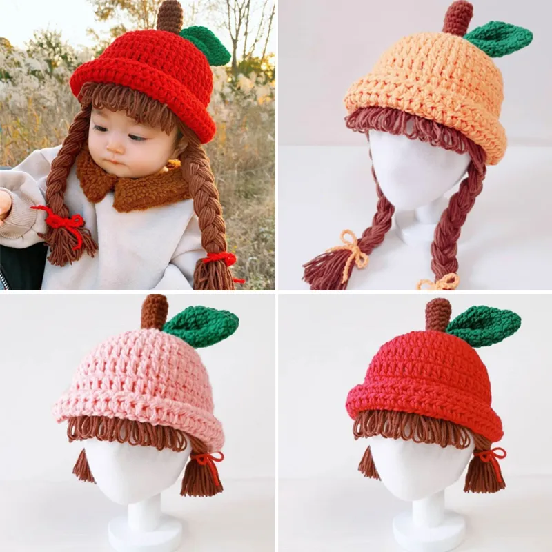 Parrucca per bambini lavorata a maglia cappello fatto a mano per bambini, design Apple Brades, berretti in lana lavorata a maglia, trecce, puntelli, copricapo 1-5 anni 220611