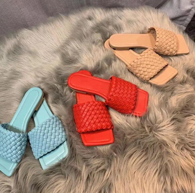 High Quality Slippers PU Leather Weave Slippers Designer Shoes Women's Fashion Solid Color Soft-Soled Sandals Slipper Outdoor Leisure Square Head Sandbeach Sandal