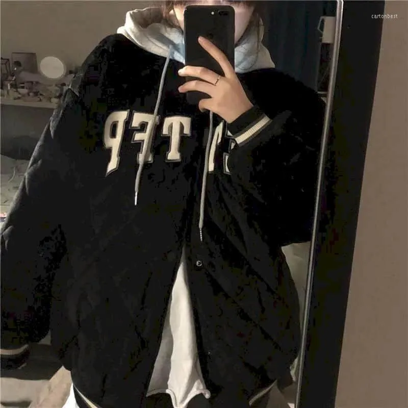 Women's Down Parkas Lovers Padded Jacket 2022 Tjock Winter Quilted Baseball Uniform Hooded Harajuku Loose Coat Hip Hop Streetwear