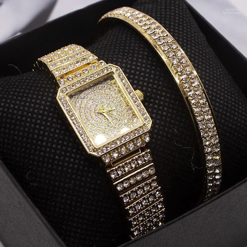 Relojes de pulsera Conjunto de relojes de pulsera de lujo para mujer, reloj de pulsera con diamantes de imitación, reloj de cuarzo con pulseras de diamantes, conjuntos de regalos para mujer, 2 uds.