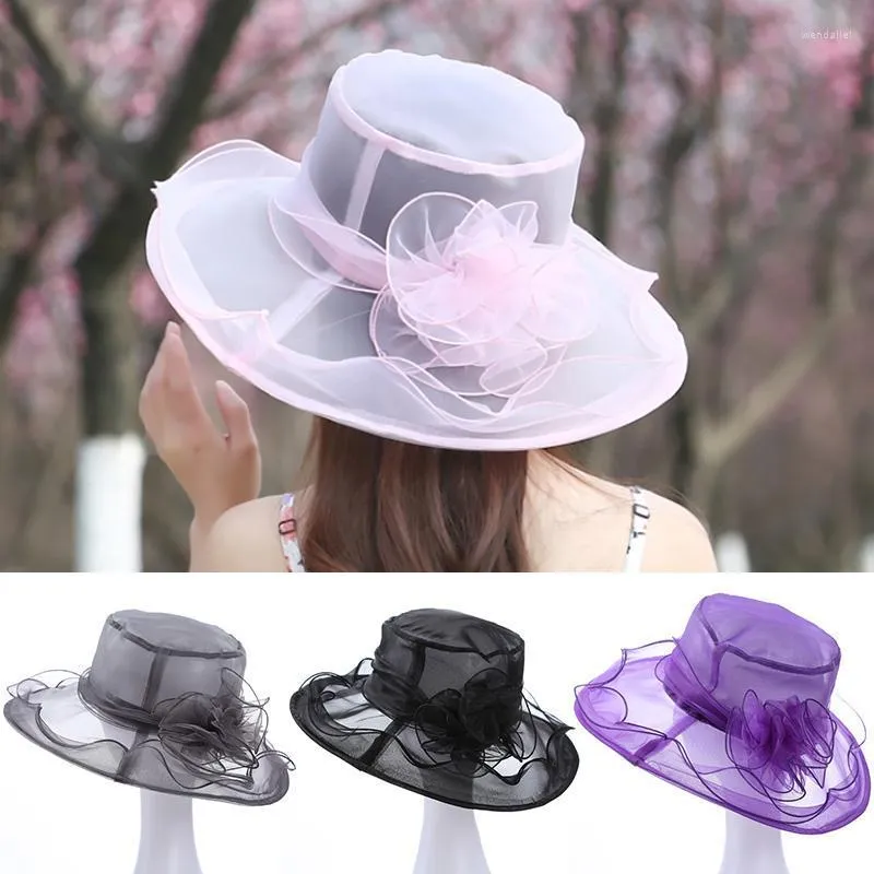 Breite Krempe Hüte 1 stück Spitze Sonnenhut Hochzeit Party Für Frauen Blume Damen Sommer Strand Elegante Mesh BrimWide Wend22