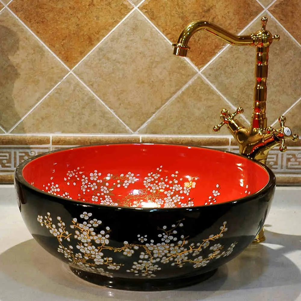 Basin d'art en céramique comptoir lavage de salle de bain prune jaune fleur de lavabo en céramique bol