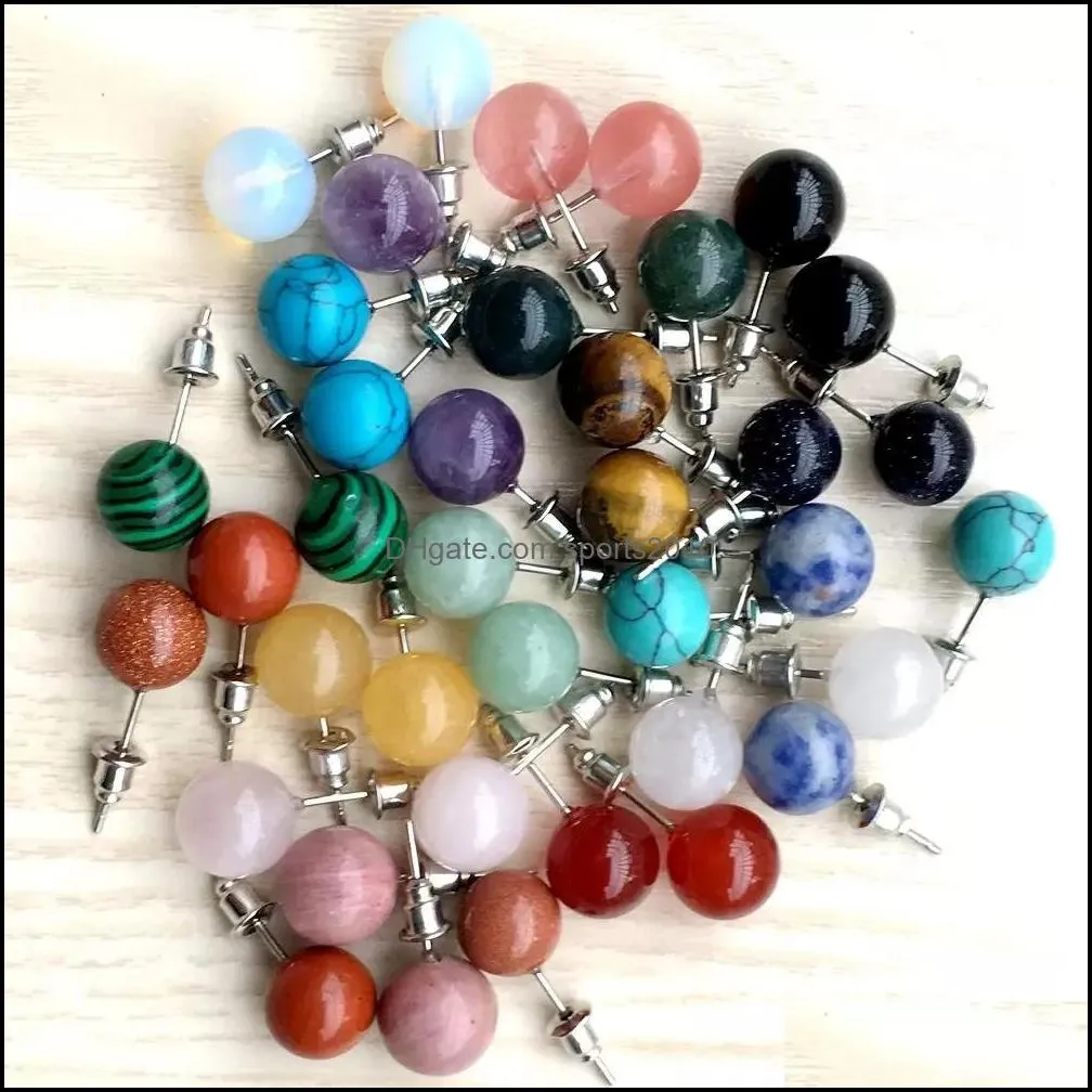 10mm natural stone crystal stud earrings tiger eye rose quartz turquoises amethyst opal beads stud earring for women