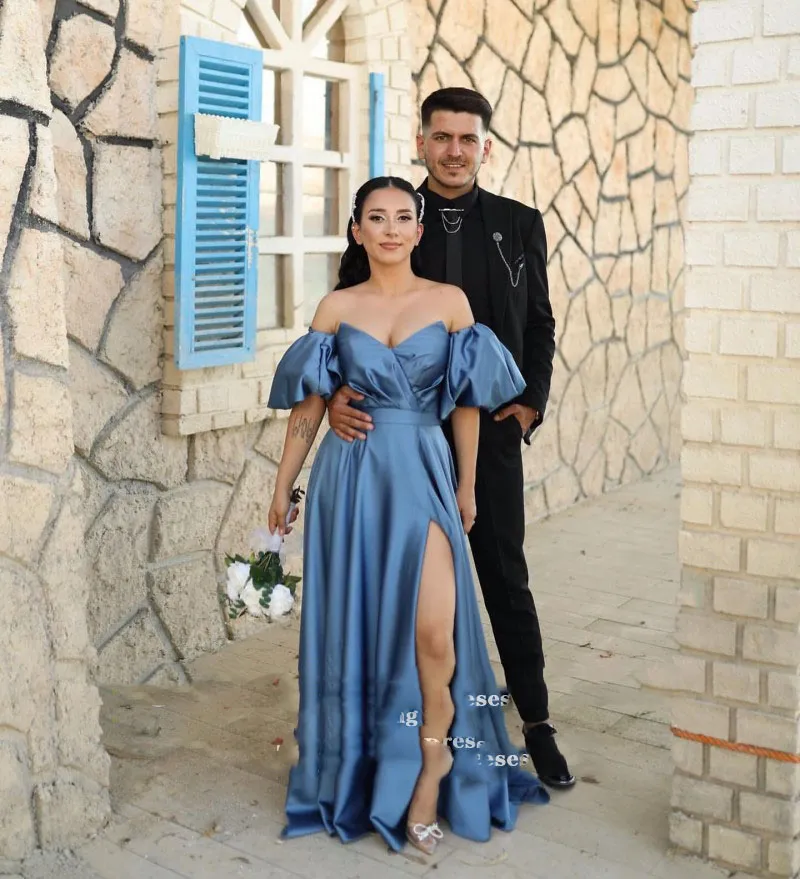 Blue Evening Dresses Party Satin A-Line Detachable Short Sleeves Arabic Dubai Prom Gowns Celebrity Formal