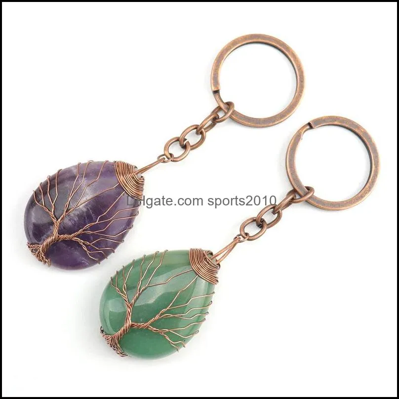 retro handmade tree of life key rings waterdrop natural stone healing crystal quartz keychain keys chain key ring