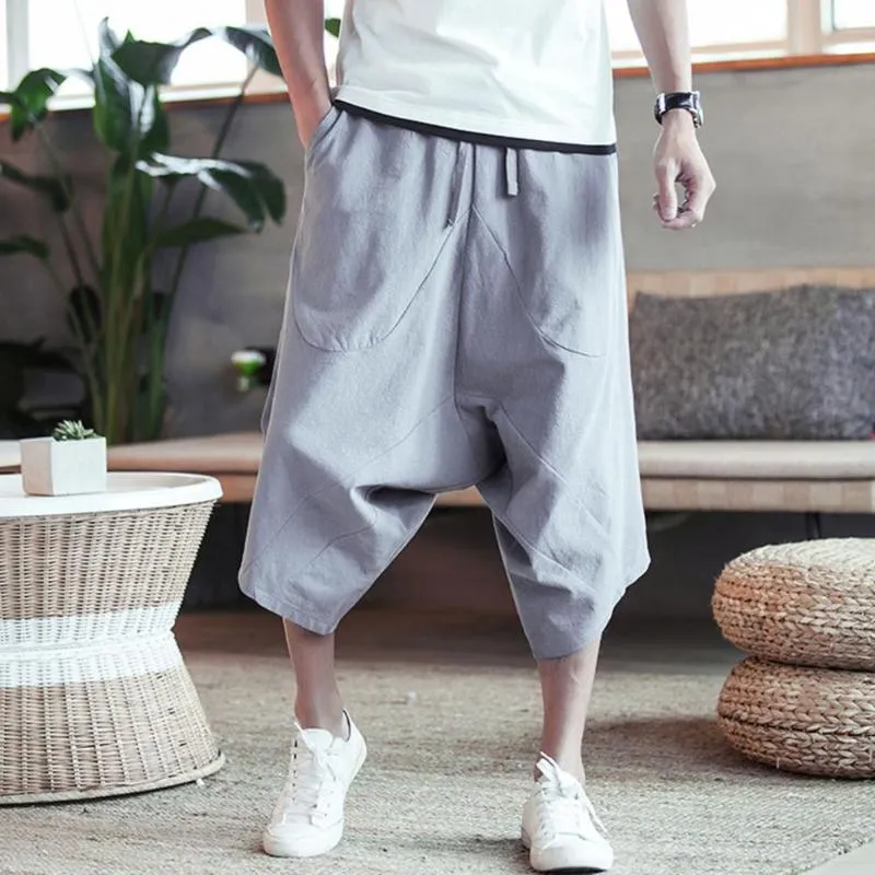 Men Cropped Trousers Linen Cotton Capri Pants Harem Shorts Baggy Calf Length