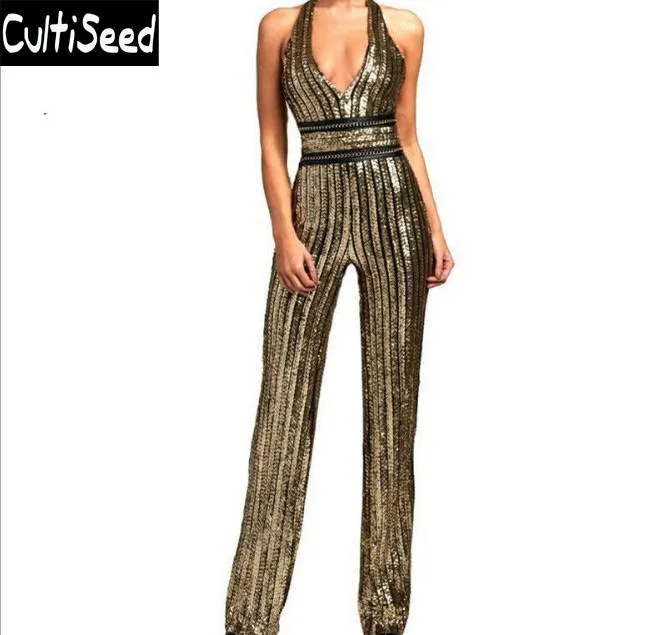 Vrouwen Jumpsuits Rompertjes Vrouwelijke Diepe V-hals Halter Goud Gestreepte Pailletten Mouwloze Slanke Lange Broek Een Stukken Kleding