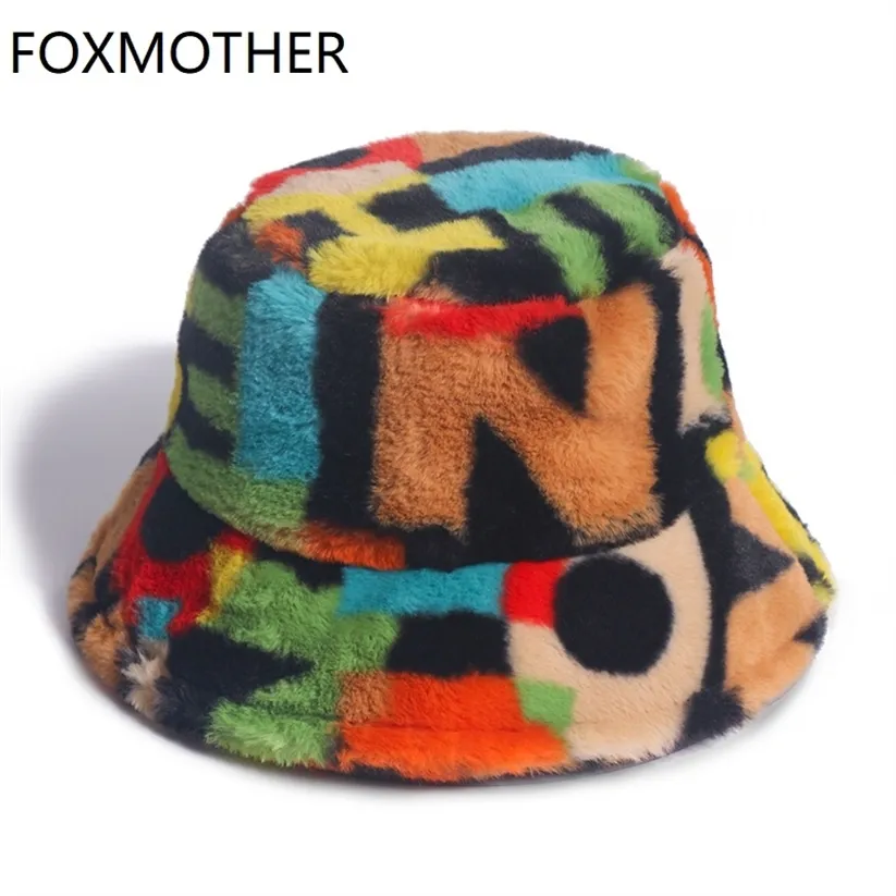 MOTHER Outdoor Multicolor Rainbow Faux Fur Letter Pattern Bucket Hat Winter Soft Warm Gorros Mujer 220318