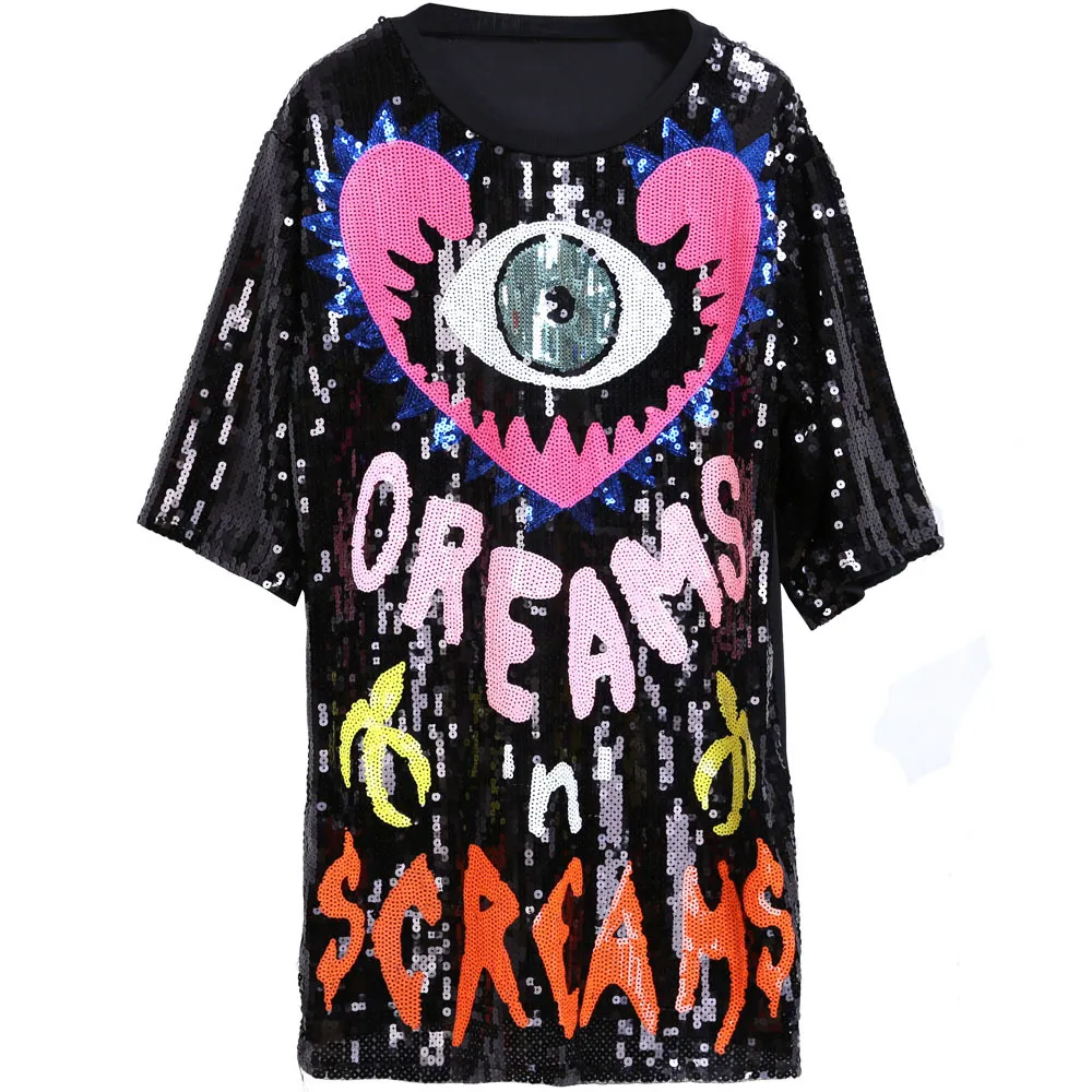 Top primavera estate da donna amore occhi color pesca lettera trasparente paillettes T-shirt lunga allentata abito top lucido T-shirt con paillettes moda per abbigliamento street hip hop da donna