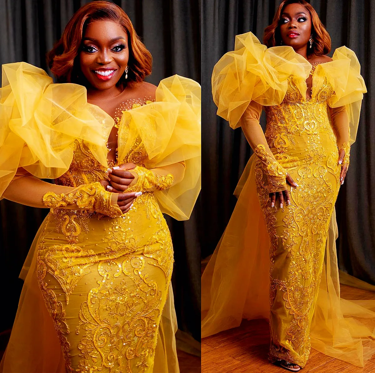 2022 Plus Size Arabo Aso Ebi Giallo Lussuoso Guaina Abiti da ballo Perline Paillettes Pizzo Sera Festa formale Secondo ricevimento Compleanno Abiti di fidanzamento Abito ZJ224