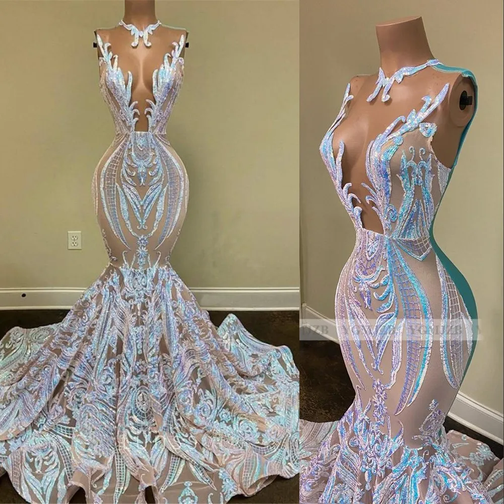 2022 Sparkly Sequins Mermaid African Evening Dresses Wear Black Girls Jewel Neck Illusion Long Graduation Dress Plus Size Formal Sequined Prom Crows