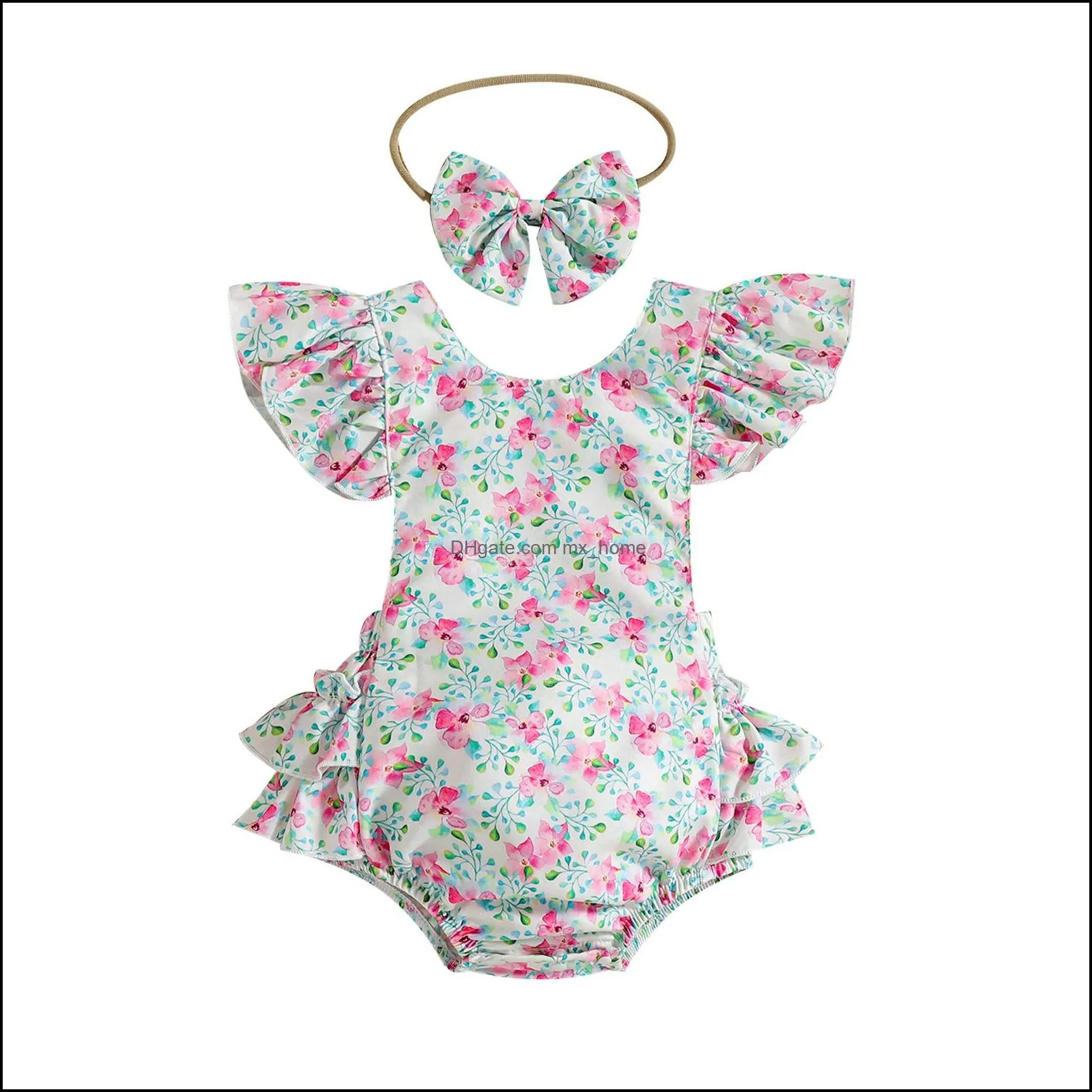 kids rompers girls floral print flying sleeve romper infant toddler flower jumpsuits with bow headband summer fashion boutique baby climbing clothes